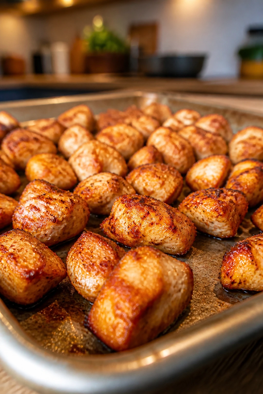 Close-up of browned roasted chicken bites on a sheet pan in a warm kitchen