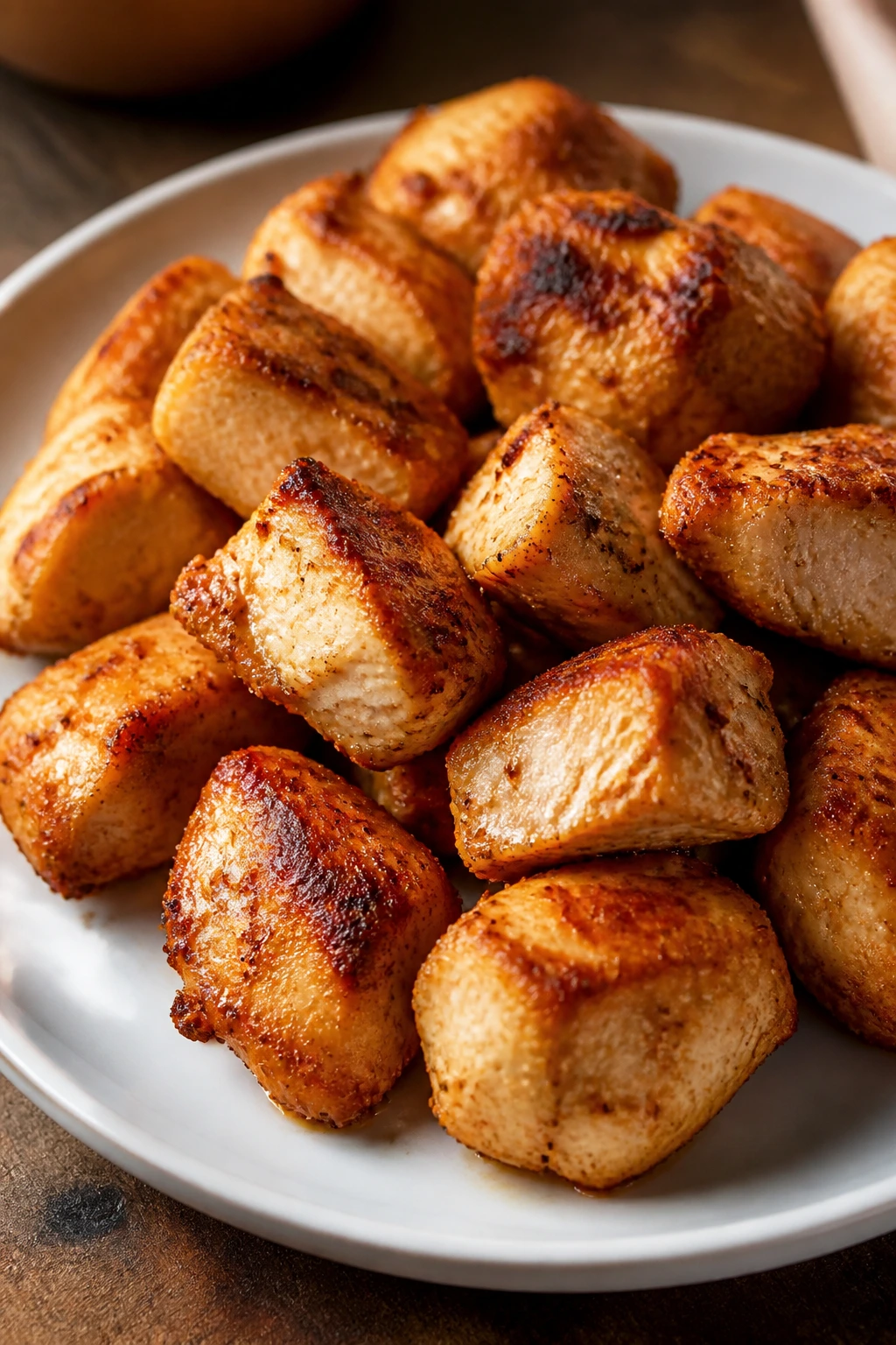 Close-up of roasted chicken bites on a small plate with browned edges and juicy centers in a warm kitchen