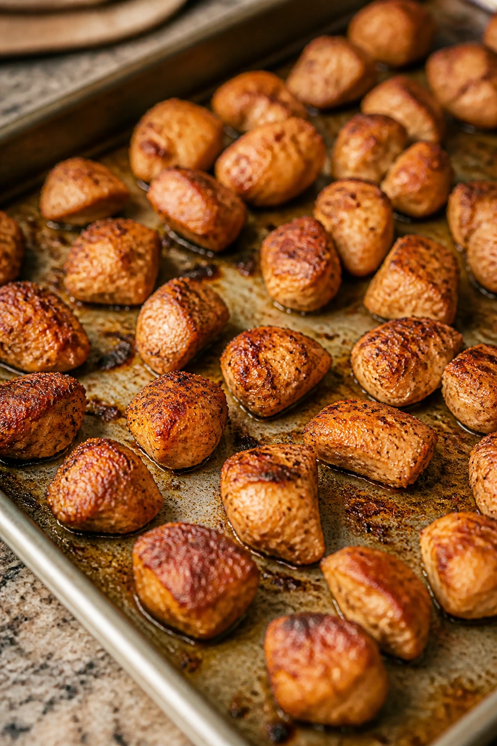 Close-up of seasoned chicken bites browning on a sheet pan