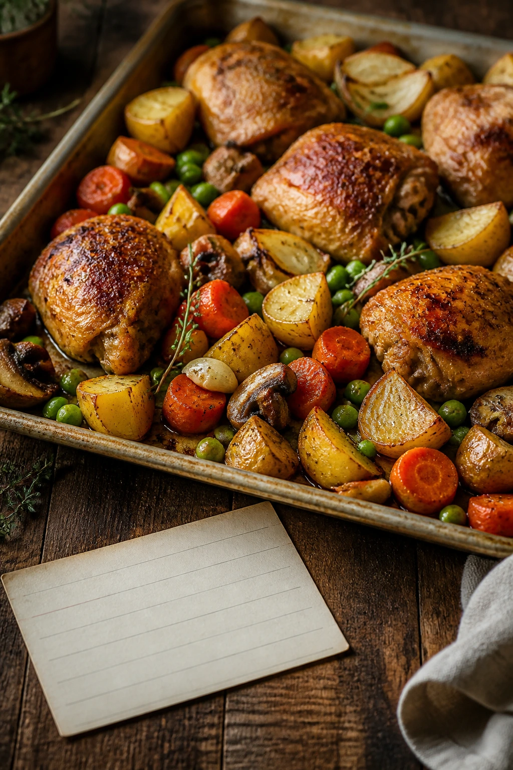 Roasted chicken cottage on table with blank recipe card