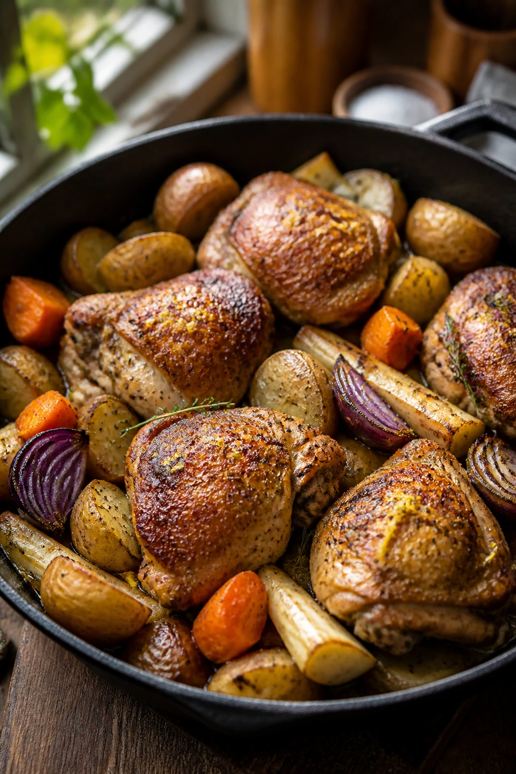 Close-up of rustic roasted chicken cottage with potatoes and root vegetables