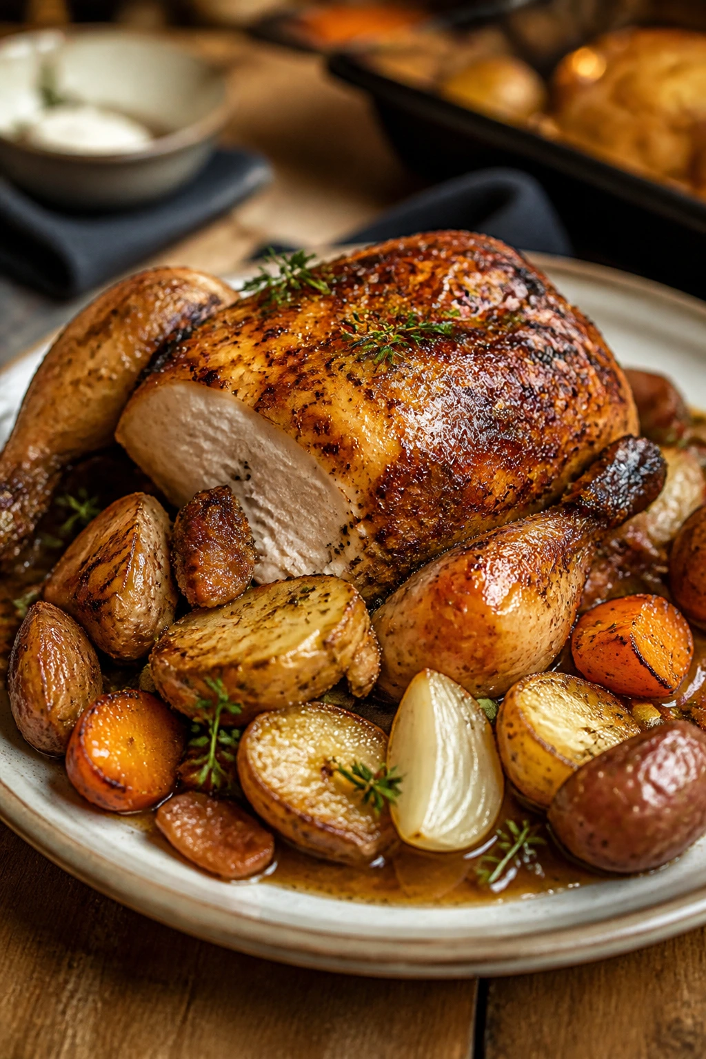 Close-up of crispy roasted chicken cottage with vegetables and gravy