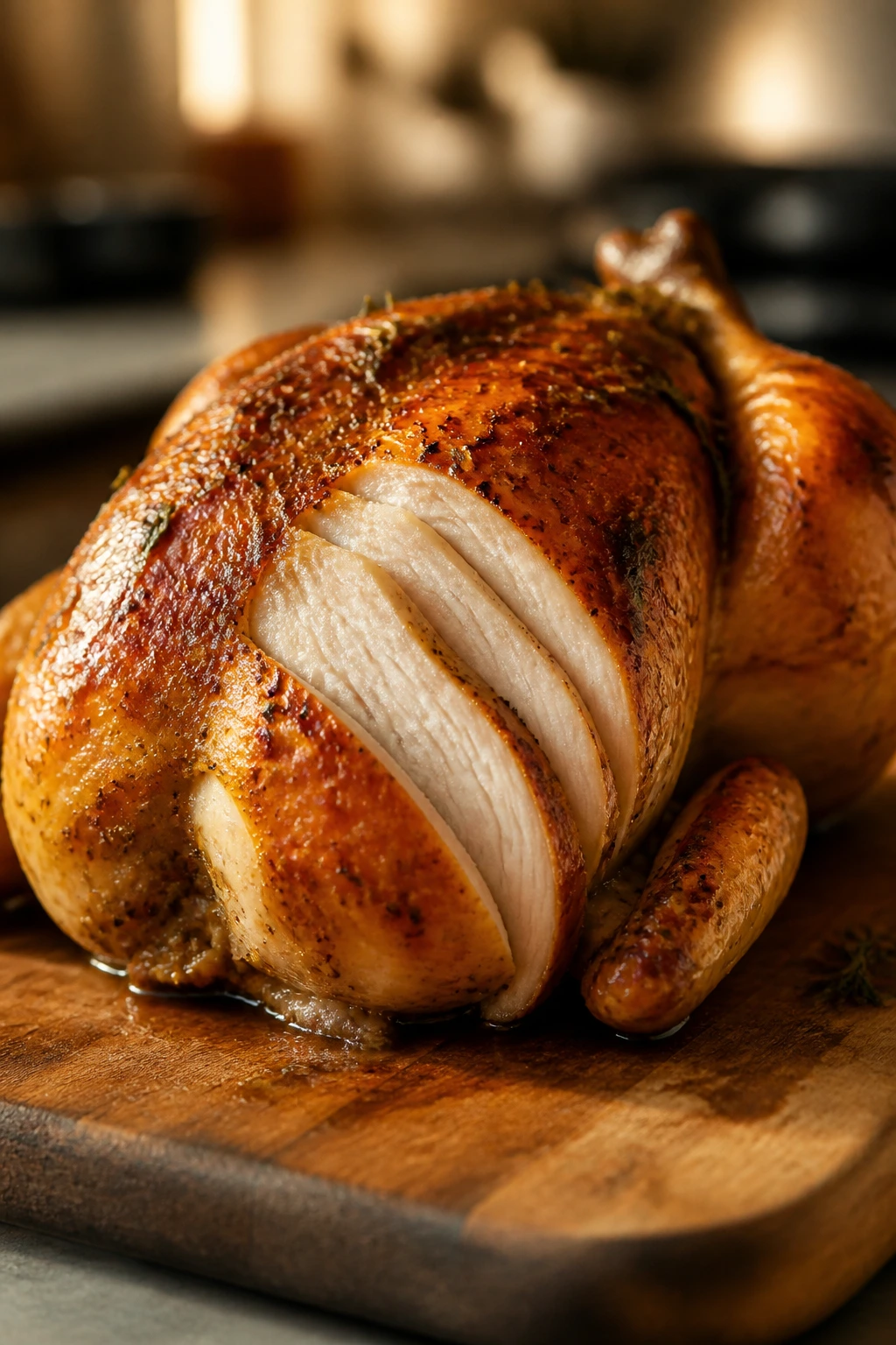 Roasted chicken with crisp skin and sliced meat on a cutting board