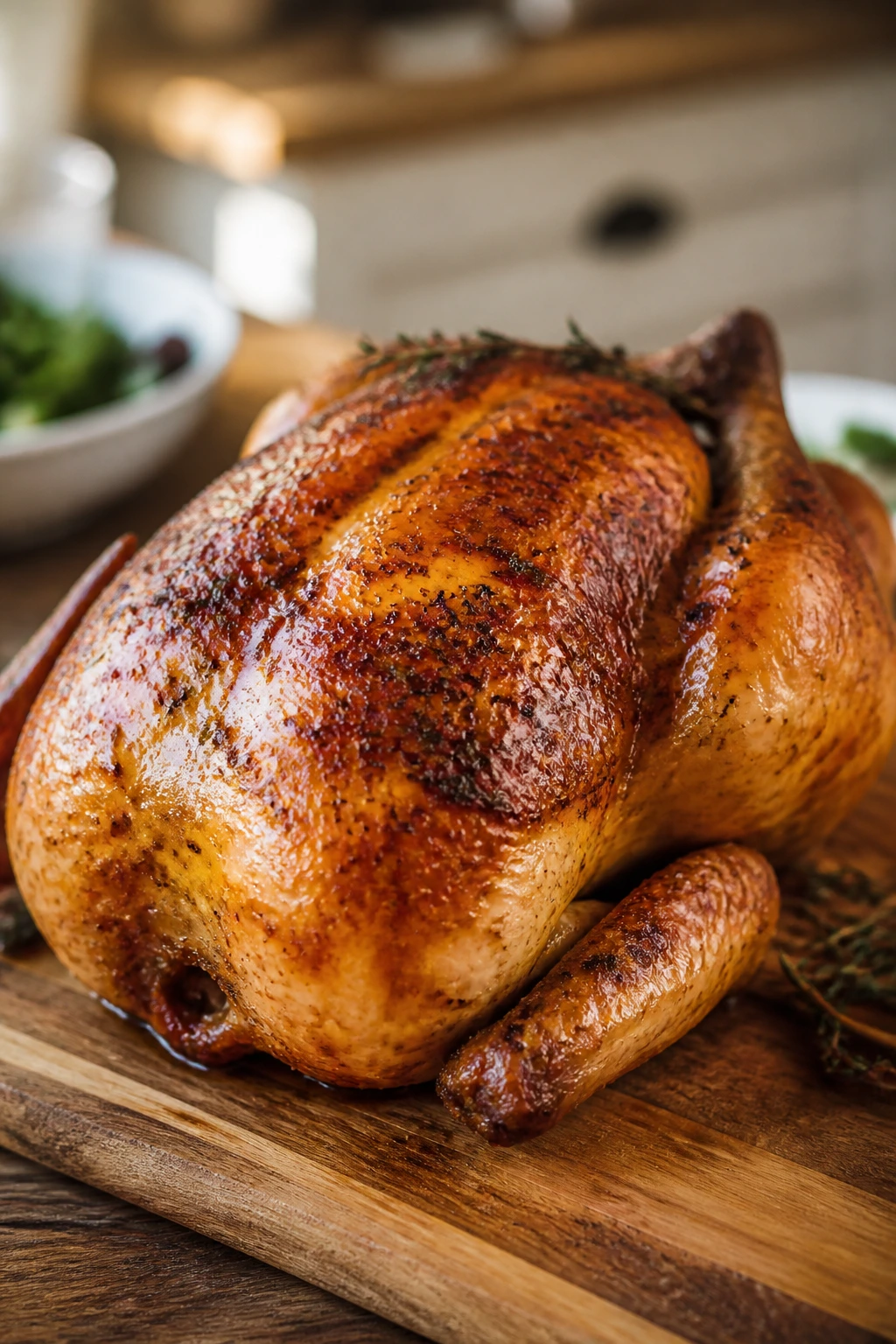 Close-up of a perfectly roasted chicken on a rustic wooden board in a cozy kitchen