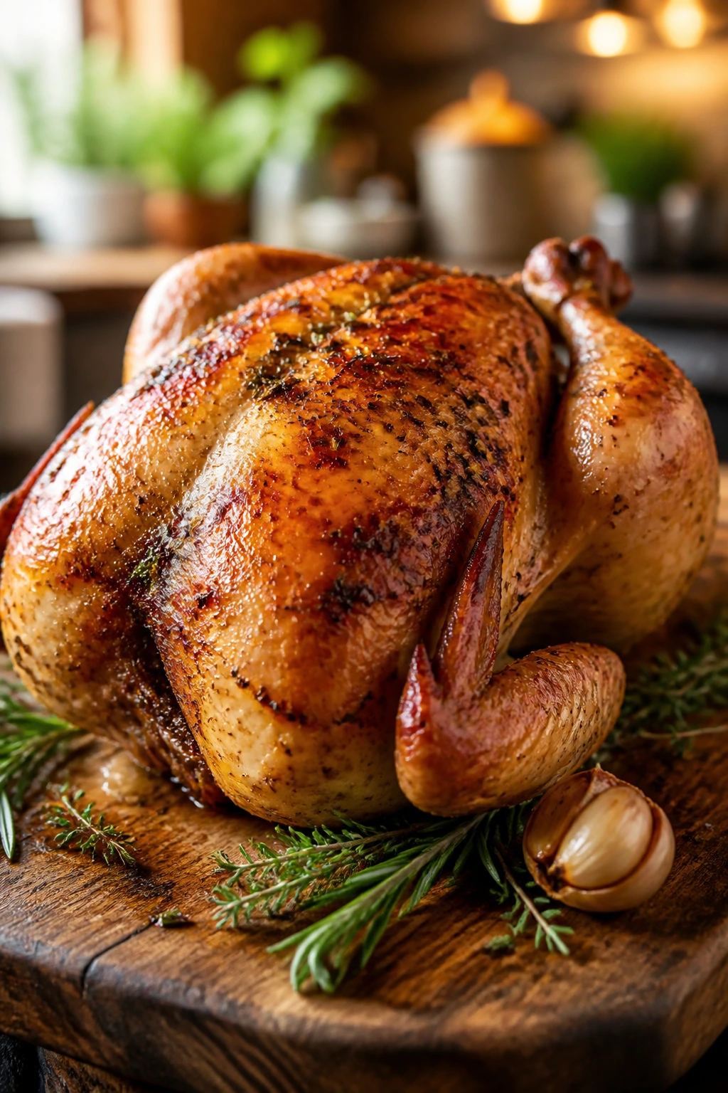 Close-up of a glossy roasted herbed chicken on a wooden board in a warm kitchen