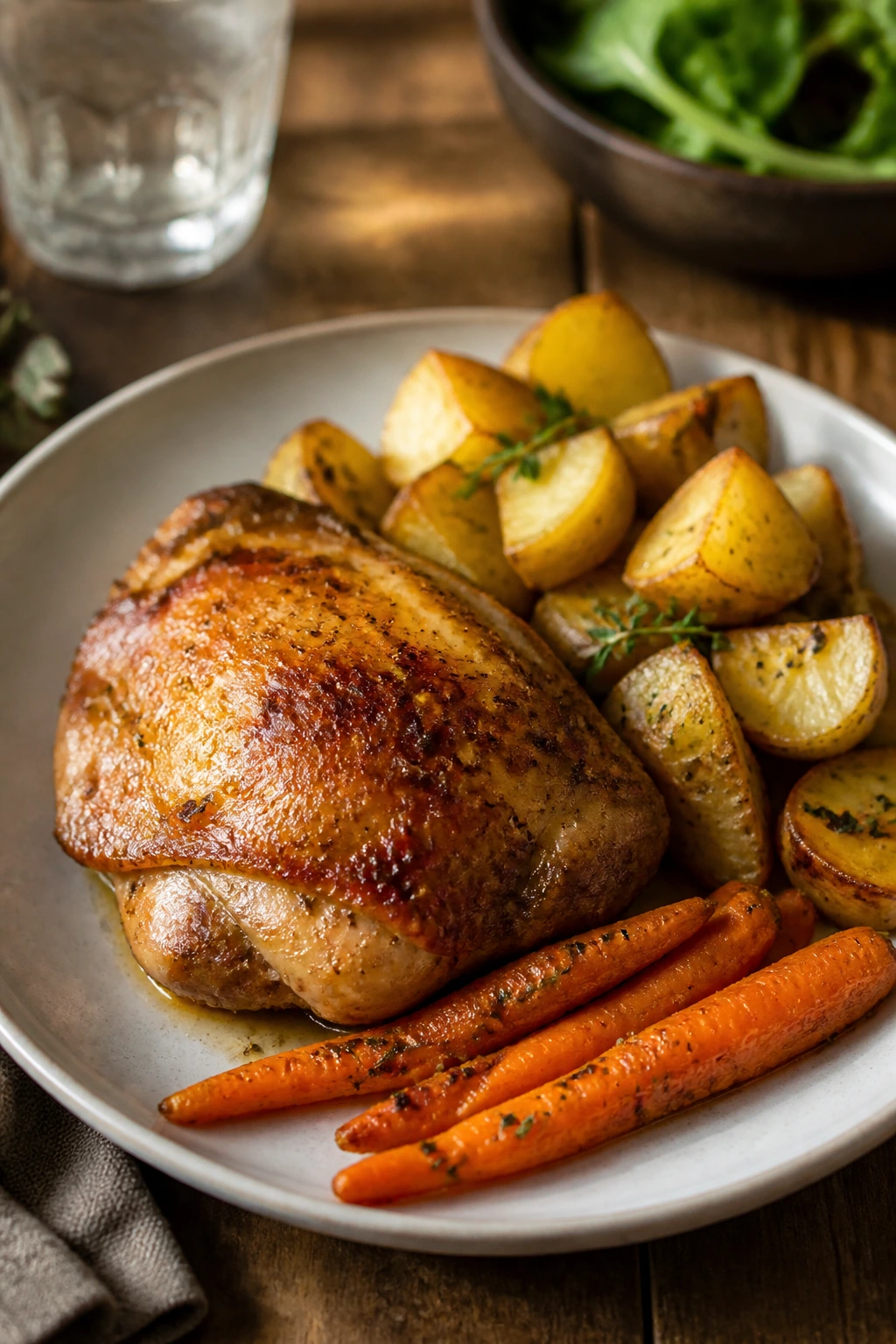 Close-up plate of roasted chicken dinner with potatoes and carrots