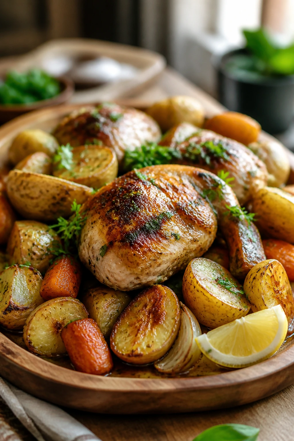 Roasted chicken dinner on wooden platter with potatoes and carrots