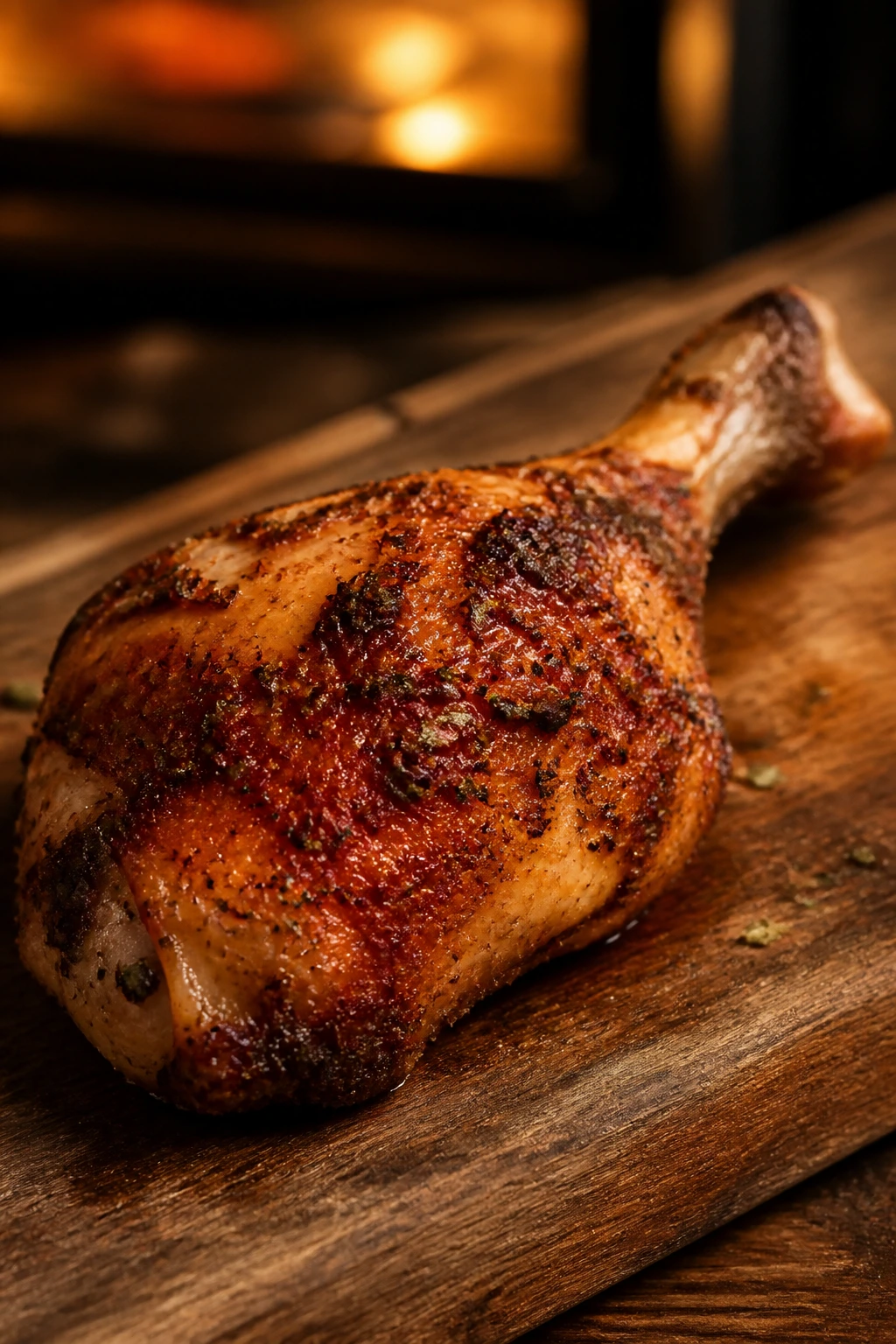 Close-up of a crispy, spiced roasted chicken leg with paprika in a warm kitchen