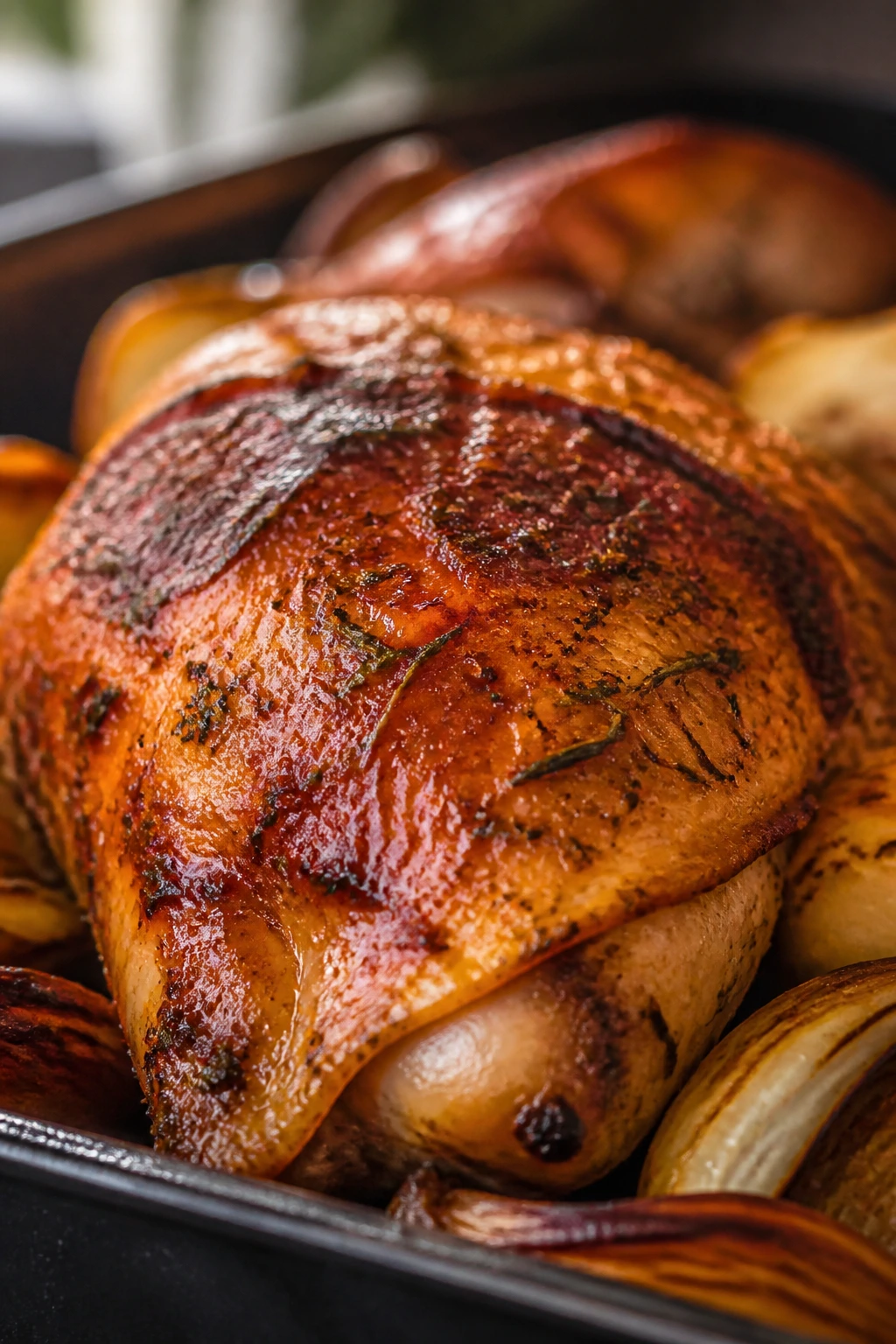 Close-up of a glossy, paprika-rubbed roasted chicken thigh in a warm kitchen
