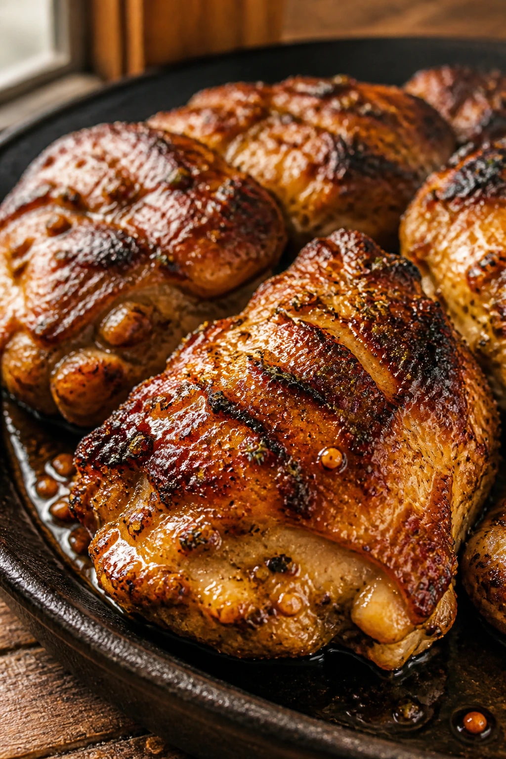 Close-up of roasted flavorful grilled chicken thighs with crisp skin on a cast-iron skillet