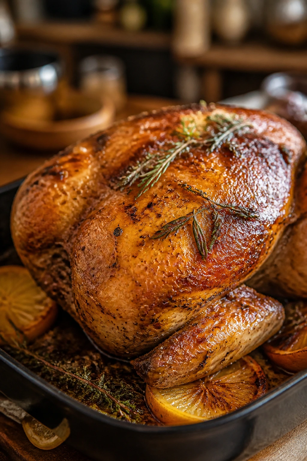 Roasted chicken with herbs and lemon zest on skin in a kitchen