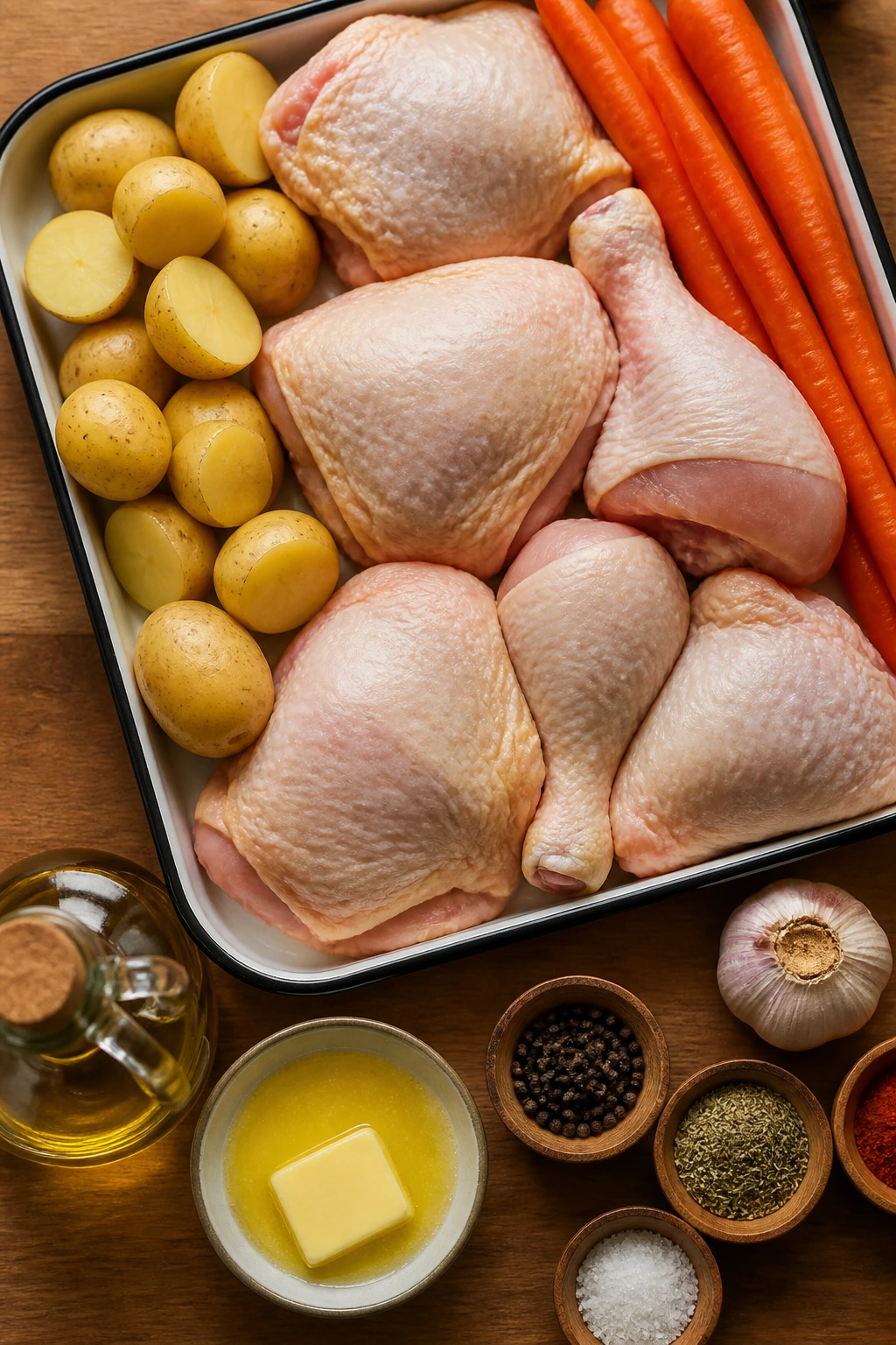 Raw ingredients for roasted chicken with potatoes and carrots arranged on a kitchen counter