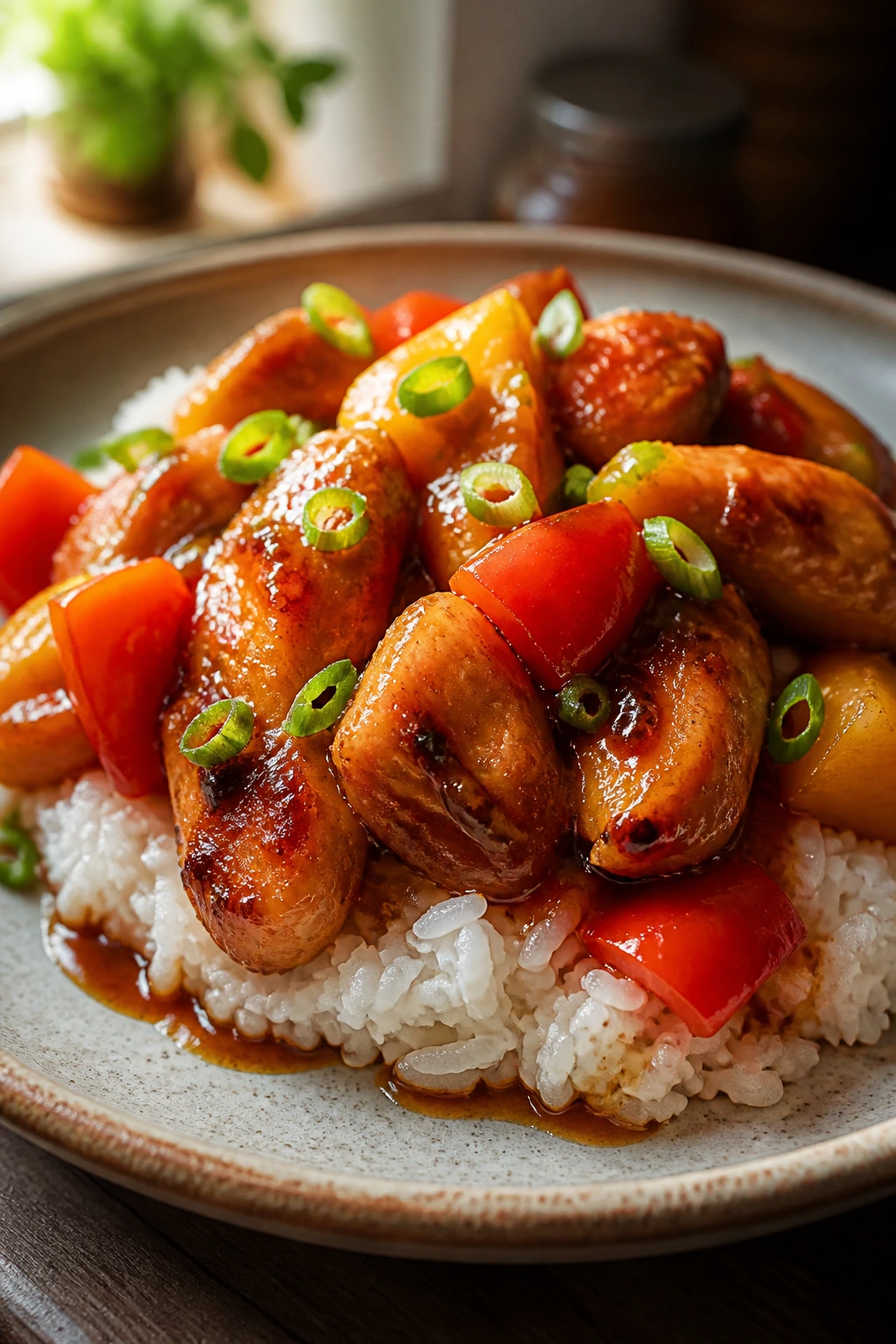 Close-up plated roasted sweet and sour chicken on jasmine rice with scallions, showing intentional plating.
