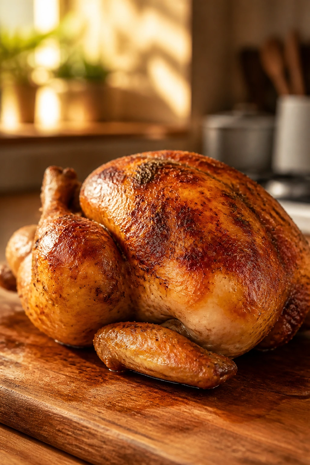 Bronzed roasted chicken on wooden board in cozy kitchen with crisp skin and juicy meat