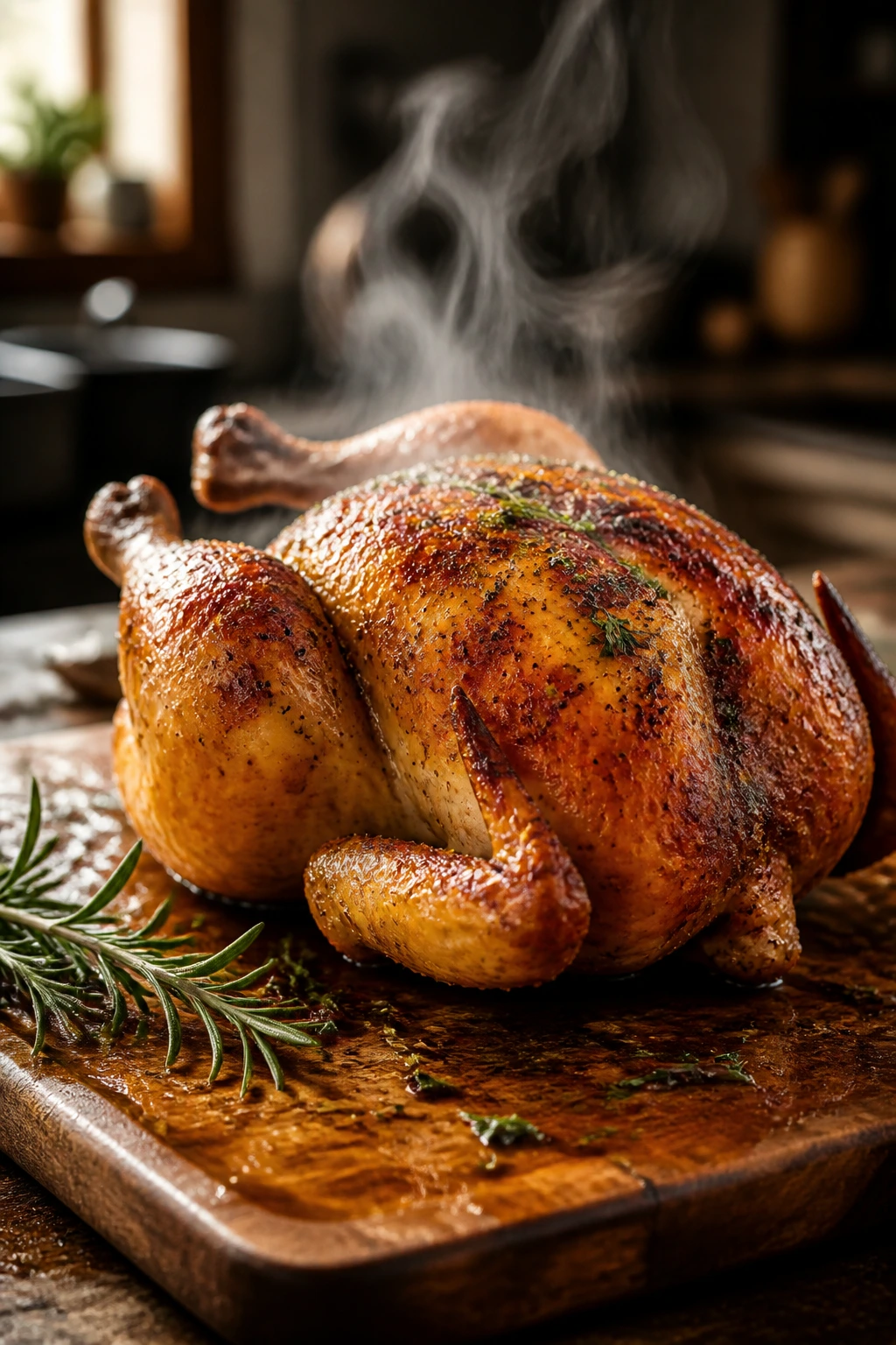 Roasted chicken on a cutting board in a warm kitchen