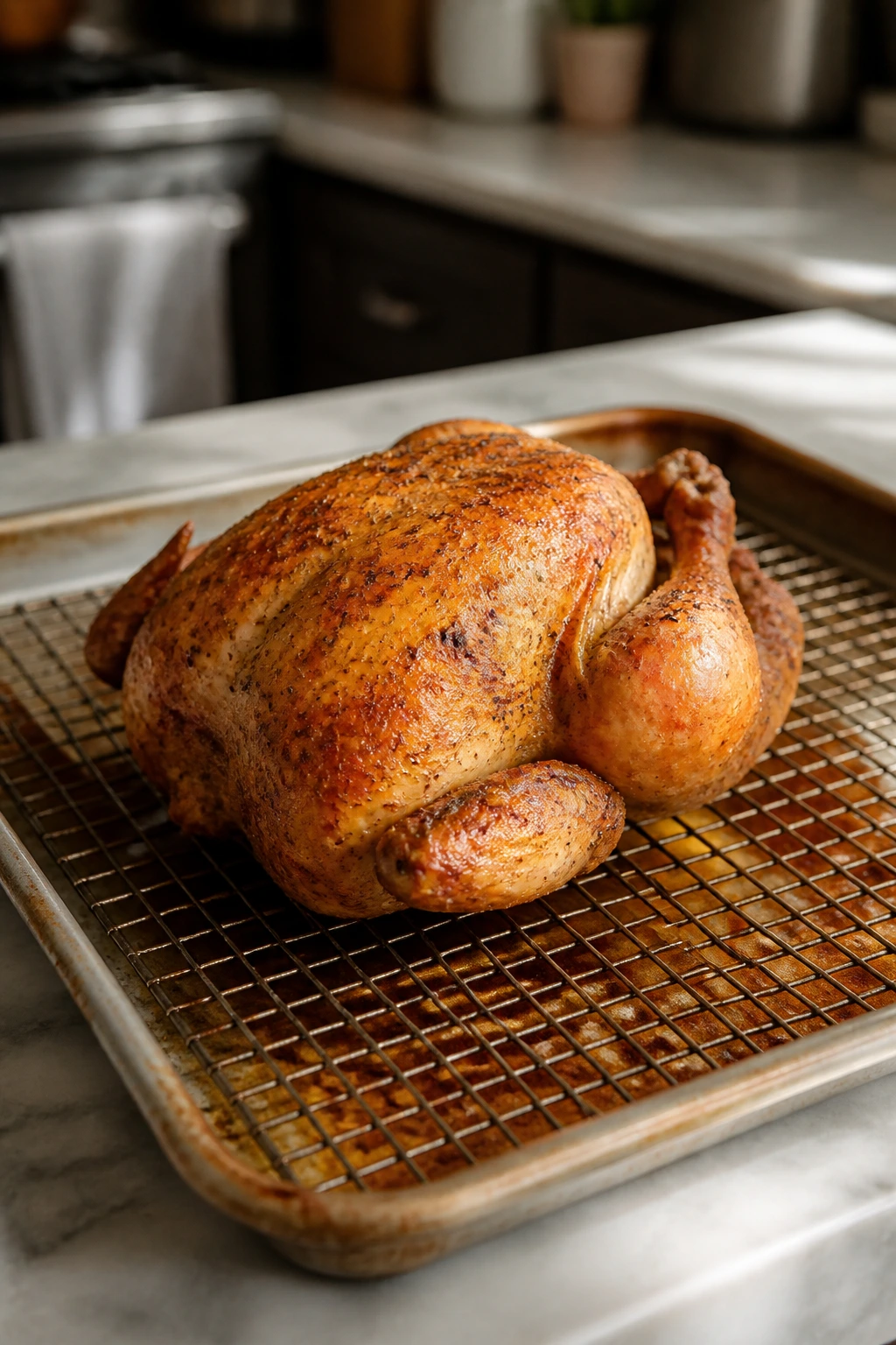 Rimmed sheet pan with roasted chicken on a rack in a kitchen