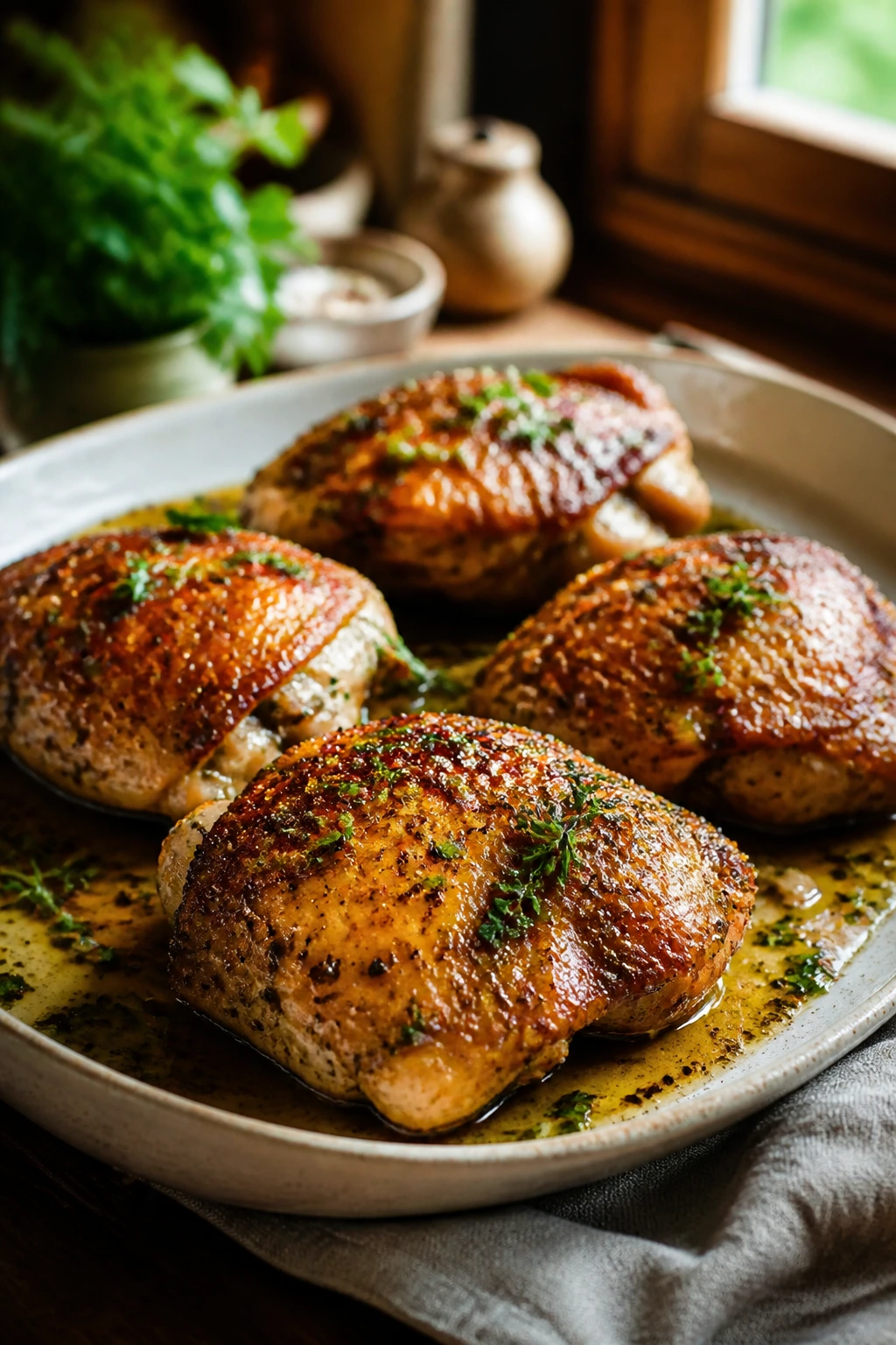 Roasted chicken thighs on a platter with parsley and juices in a cozy kitchen setting