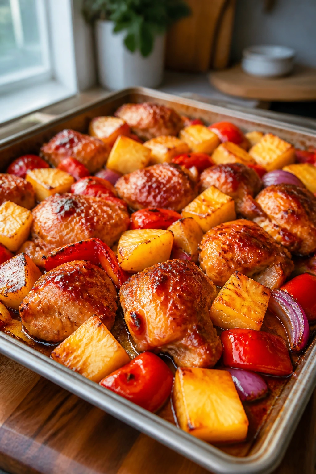 Close-up of glossy roasted chicken with peppers and pineapple on a sheet pan