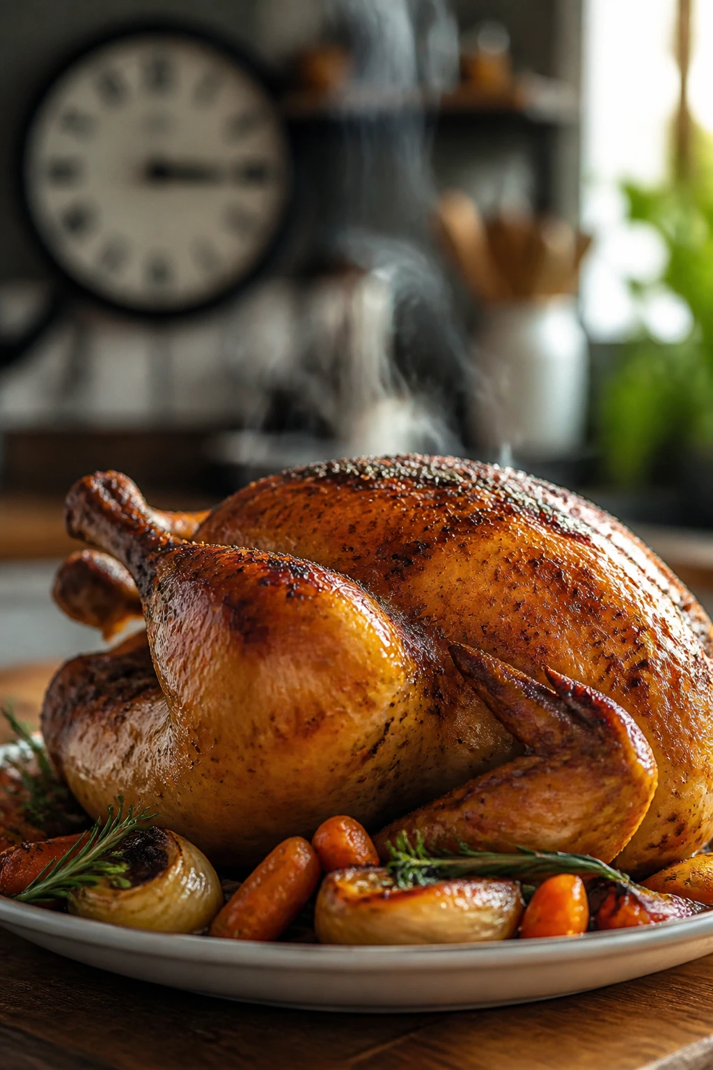 Close-up of roasted chicken on a plate with crisp skin and steam, clock blurred in background