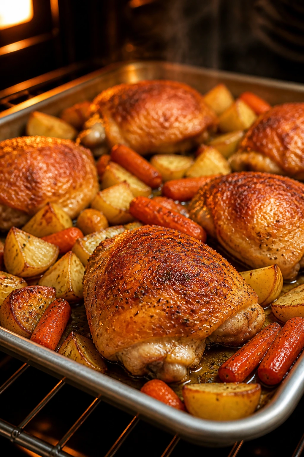 Golden-brown roasted chicken with potatoes and carrots on a sheet pan