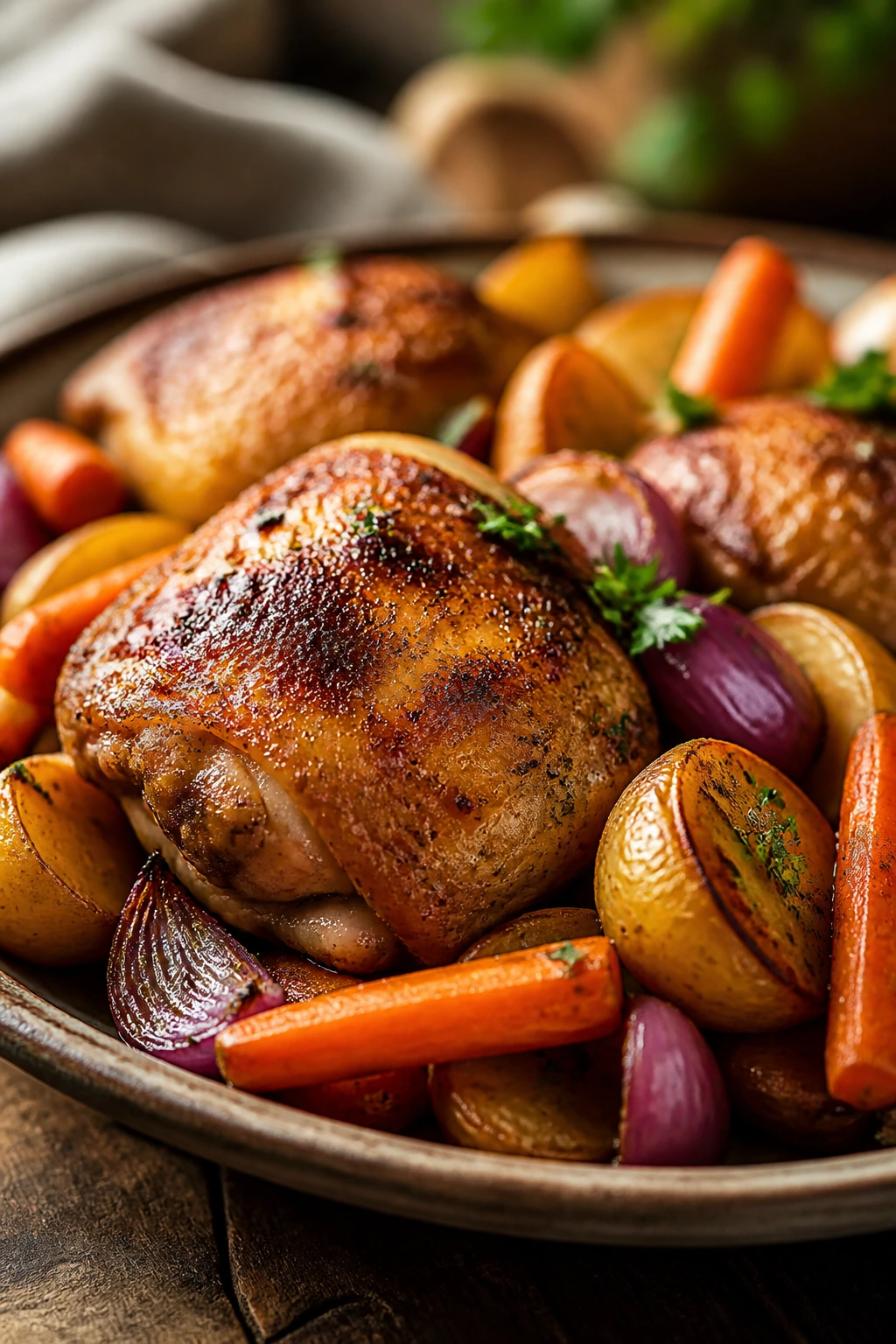 Plated roasted chicken with potatoes, carrots, and onion