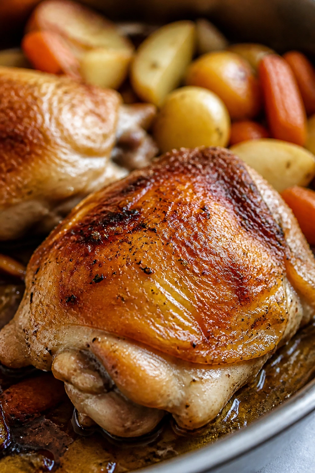 Close-up of crispy roasted chicken thigh with potatoes and carrots in a warm kitchen