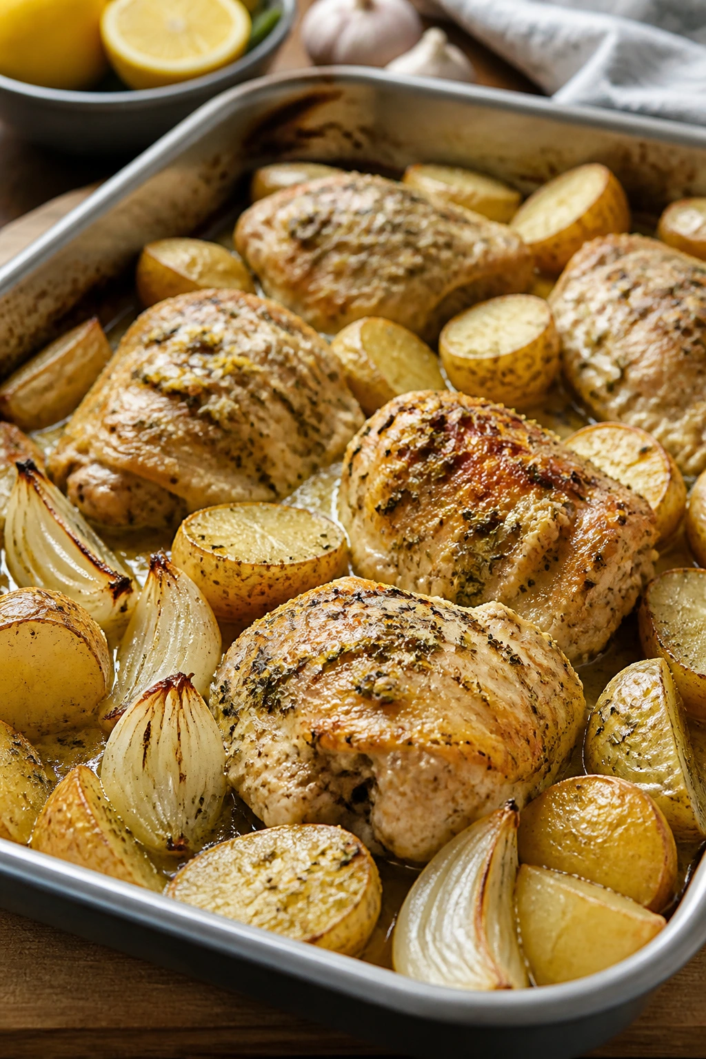 Close-up of a rustic roasting pan with browned chicken, potatoes, and onions in pan juices.