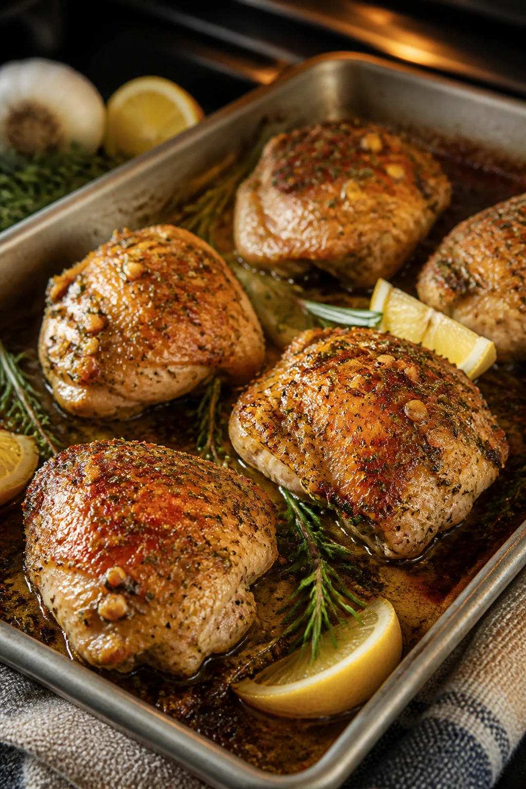 Bone-in skin-on chicken thighs roasted with lemon and herbs on a sheet pan