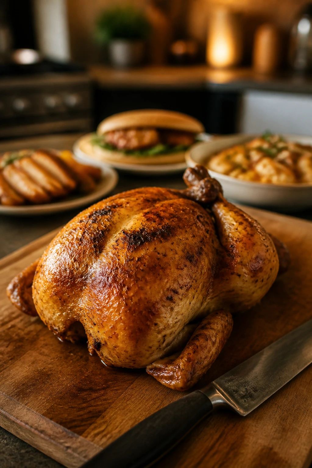 Close-up of roasted chicken on cutting board with background plates hinting three-day rhythm