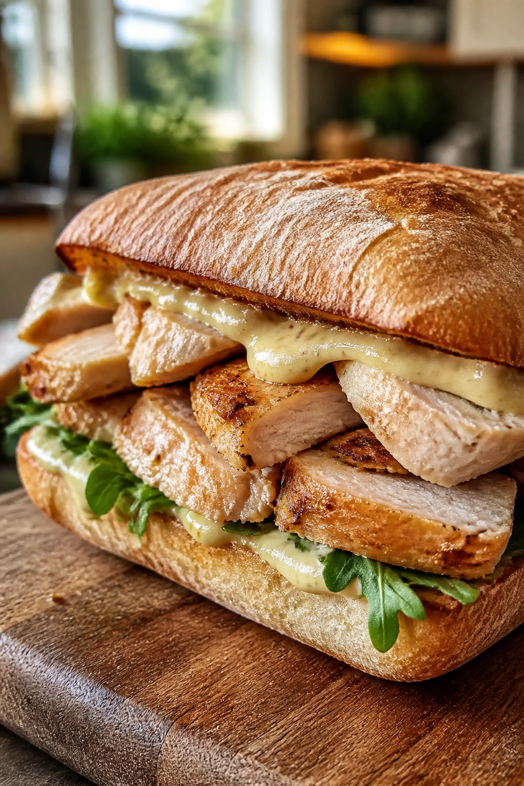 Close-up of a juicy roasted chicken sandwich on ciabatta with lemon-Dijon mayo on a wooden board