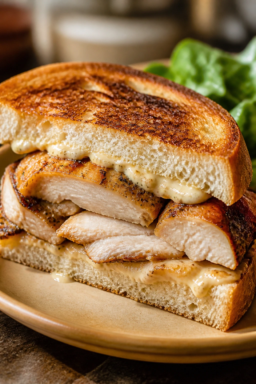 Cross-section view of a roasted chicken sandwich showing browned edges and glossy bread
