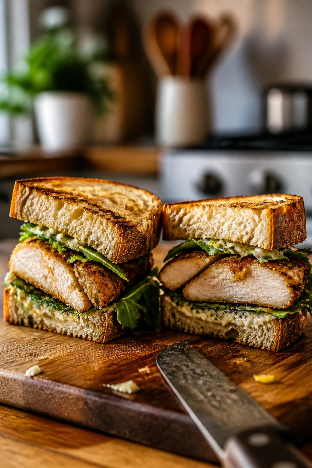 Halved roasted chicken sandwich showing juicy chicken on a cutting board