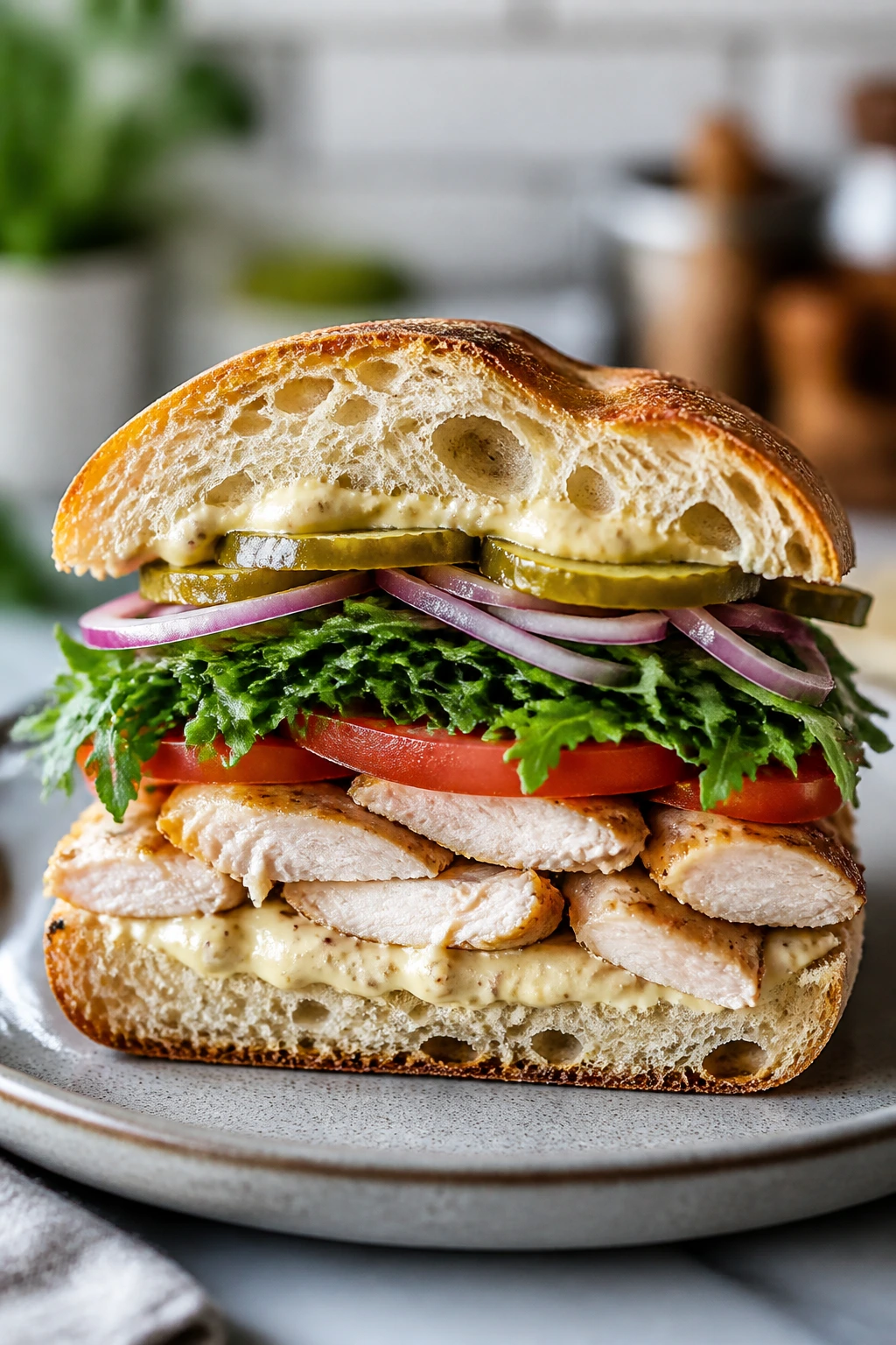Layered sandwich with chicken, tomato, arugula, onion, and pickles between toasted bread