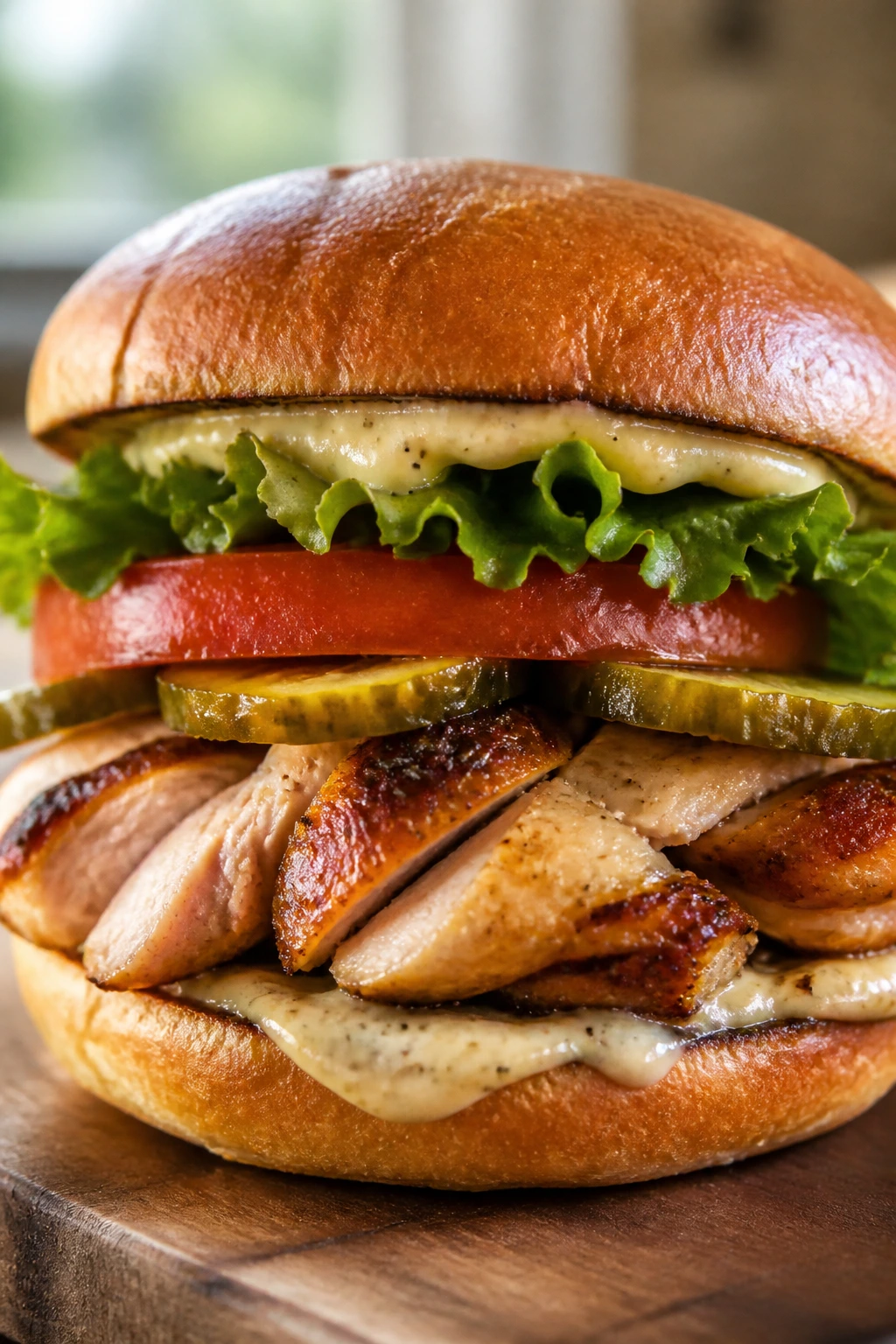 Close-up of a roasted chicken sandwich with greens, tomato, and pickles on toasted rolls