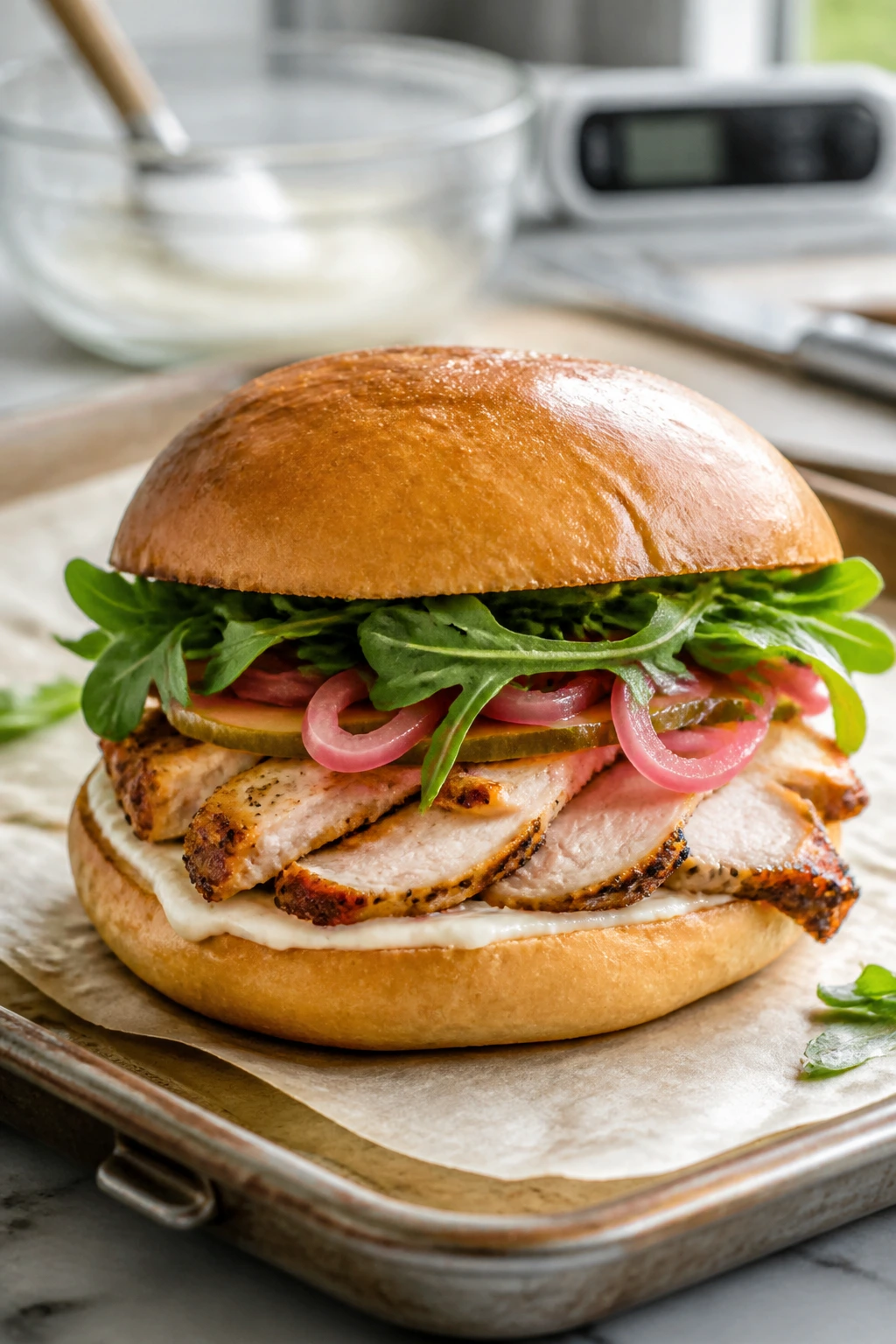 Sandwich on parchment over a sheet pan in a bright kitchen, ready to assemble