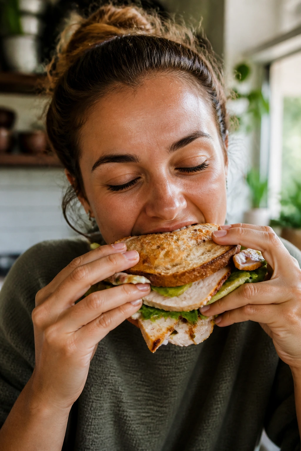 Real person biting into a roasted chicken sandwich in a kitchen