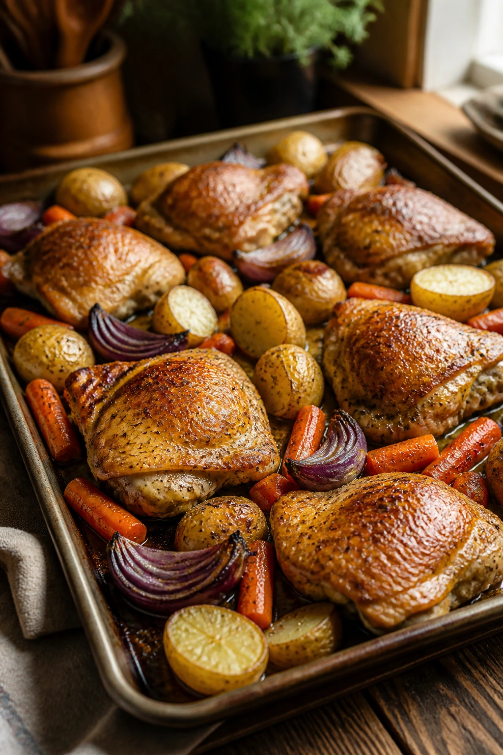 Sheet pan roasted chicken thighs with potatoes, carrots, and onion on a wooden counter
