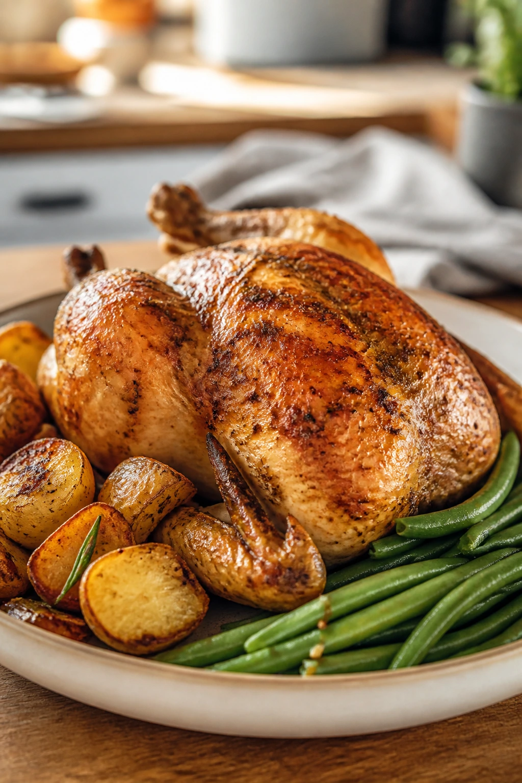 Roasted chicken with simple sides like potatoes and green beans