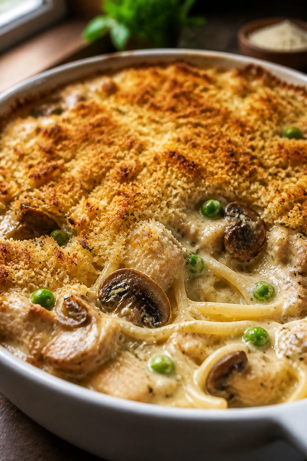 Close-up of roasted chicken tetrazzini casserole with breadcrumb crust and mushrooms