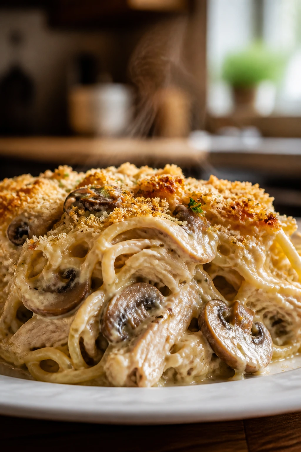 Single serving of roasted chicken tetrazzini plated with creamy sauce
