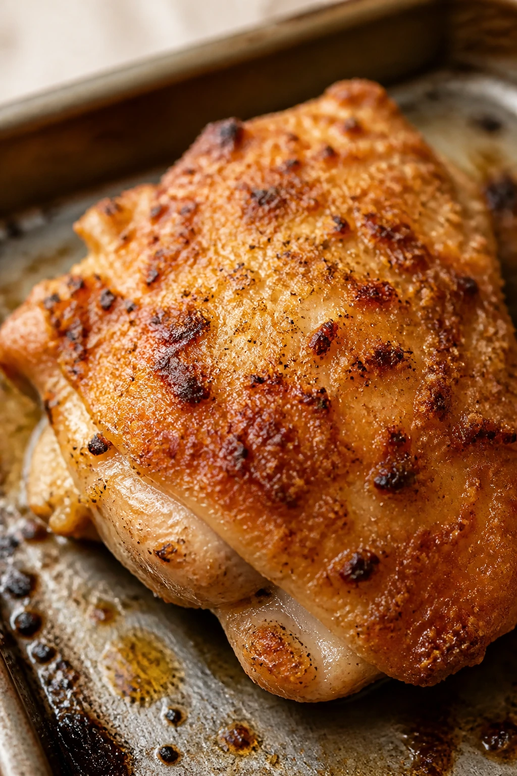 Close-up of a single roasted chicken thigh with a golden crust on a sheet pan.