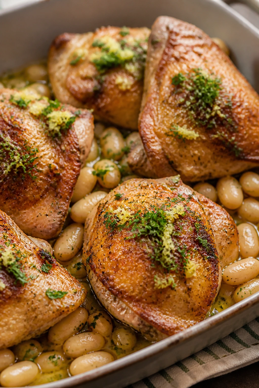 Close-up of crispy-skinned roasted chicken thighs atop cannellini beans with gremolata.