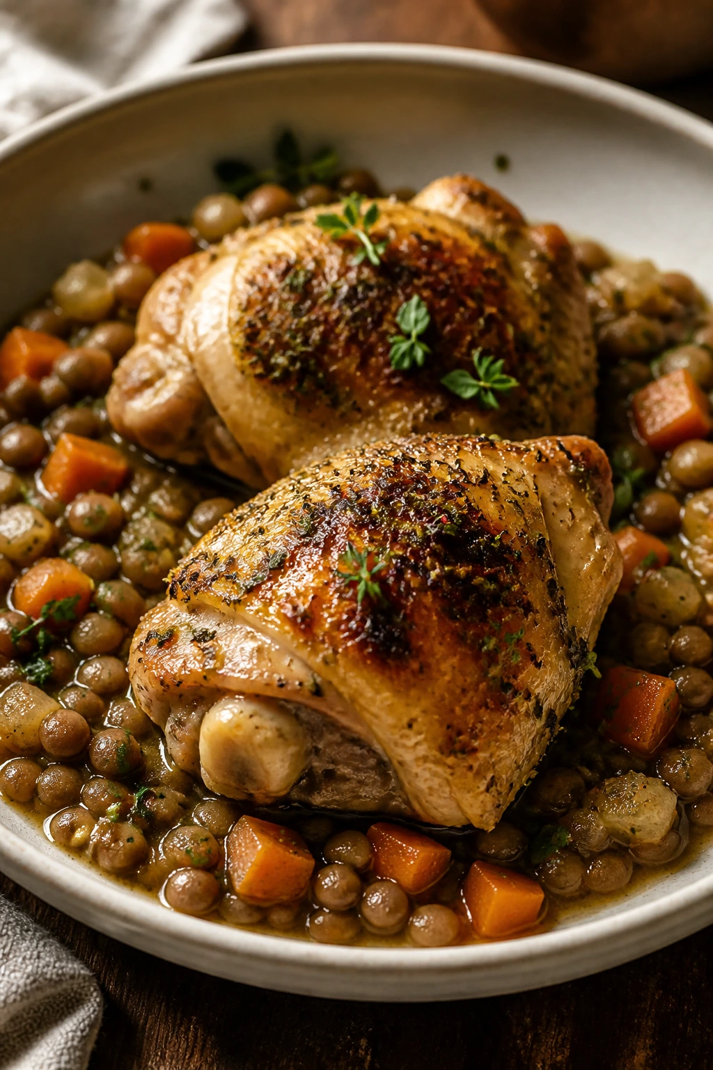 Plated herb roasted chicken thighs with lentils and carrots