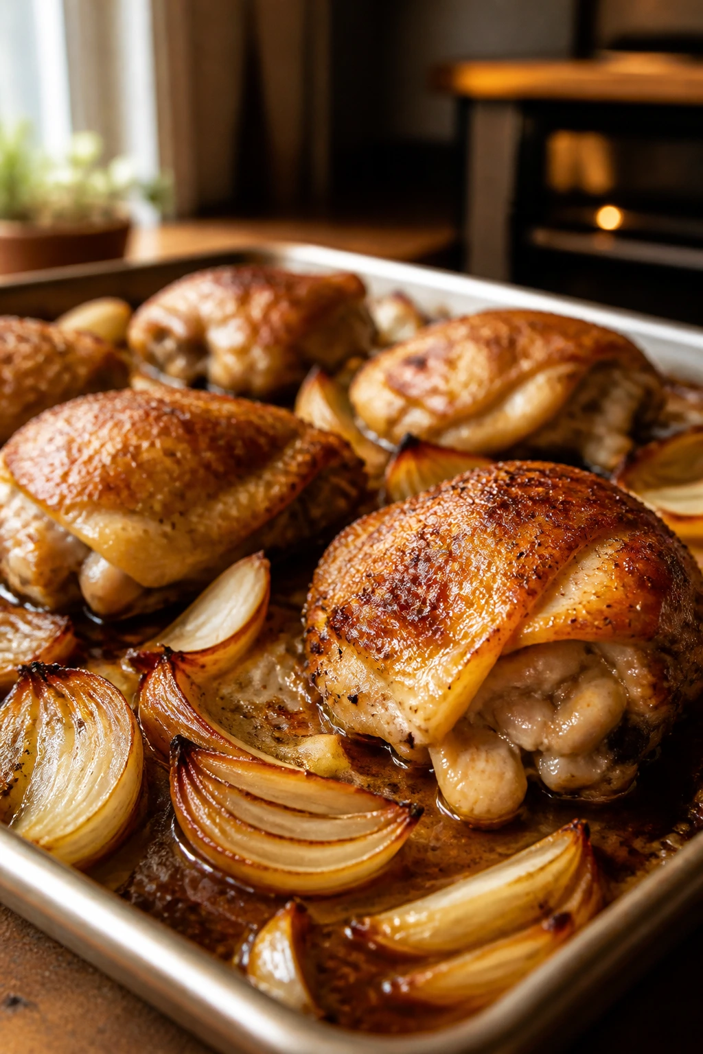 Close-up of golden roasted chicken thighs with onions on a sheet pan in a warm kitchen