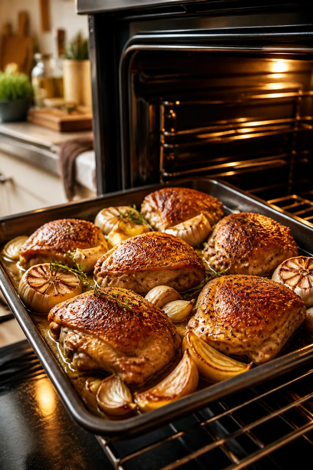 Pan of roasted garlic chicken thighs browning in the oven with warm kitchen background
