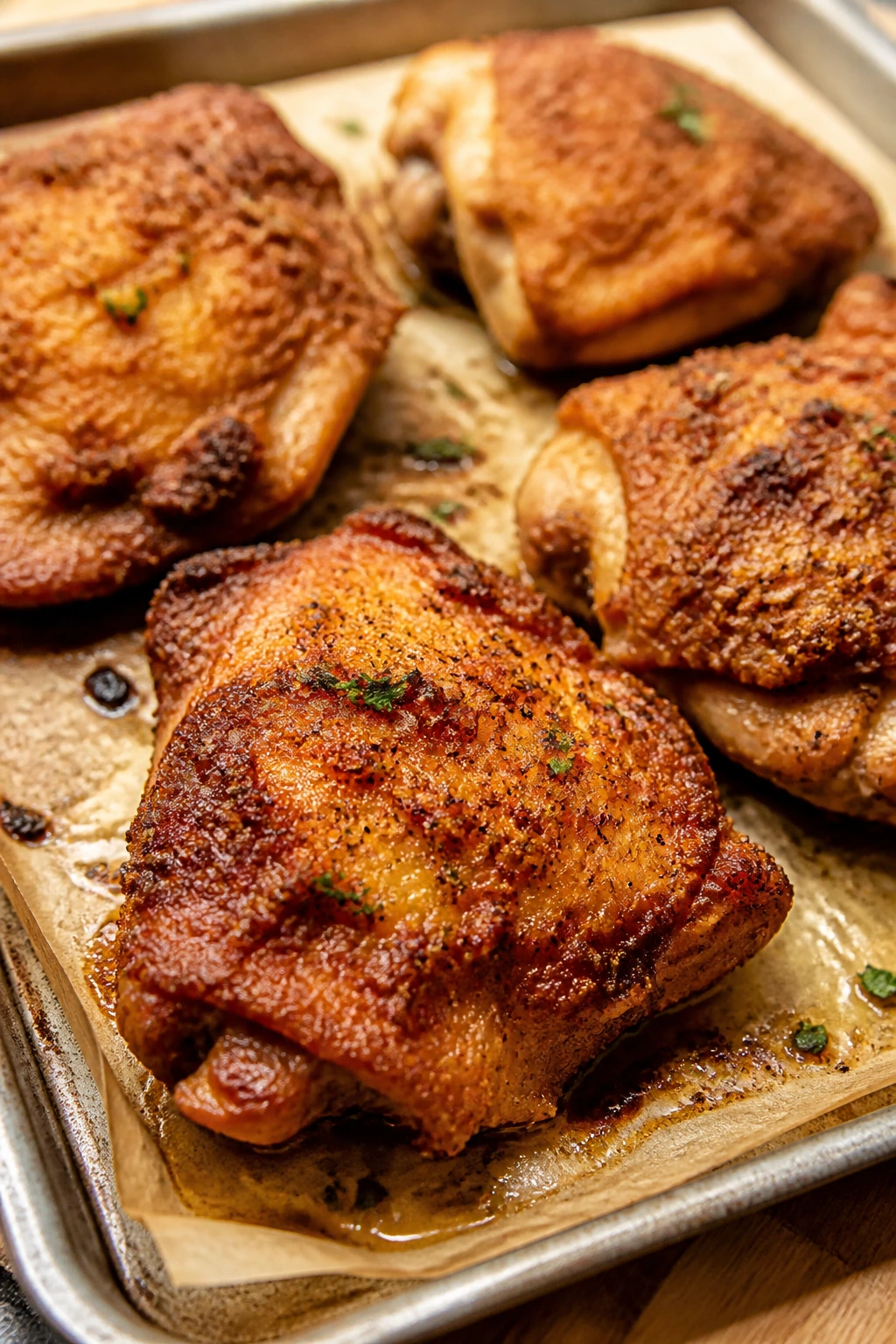Close-up of crispy parmesan-crusted roasted chicken thighs on a parchment-lined baking sheet.