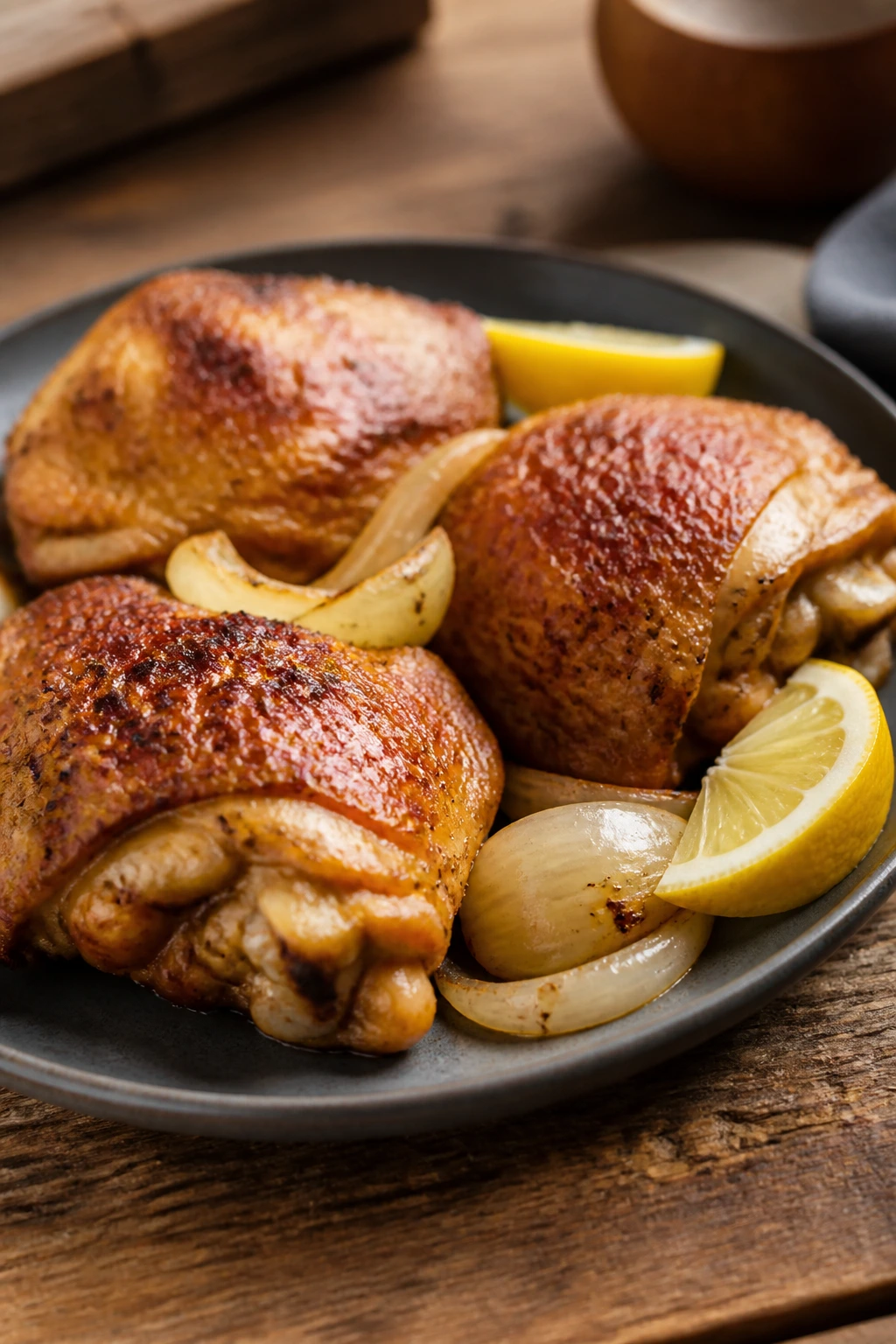 Plate of crispy roasted chicken thighs with lemon and onion on a rustic table