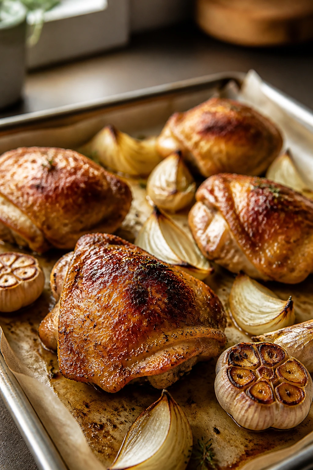 Bronzed chicken thighs with onions and roasted garlic on a sheet pan in a warm kitchen