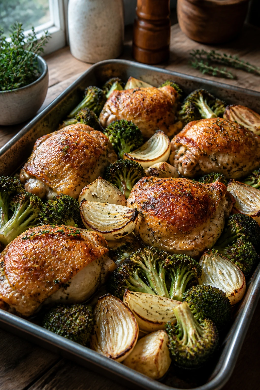 Close-up of a tray of roasted chicken thighs with onions and broccoli in a warm kitchen.
