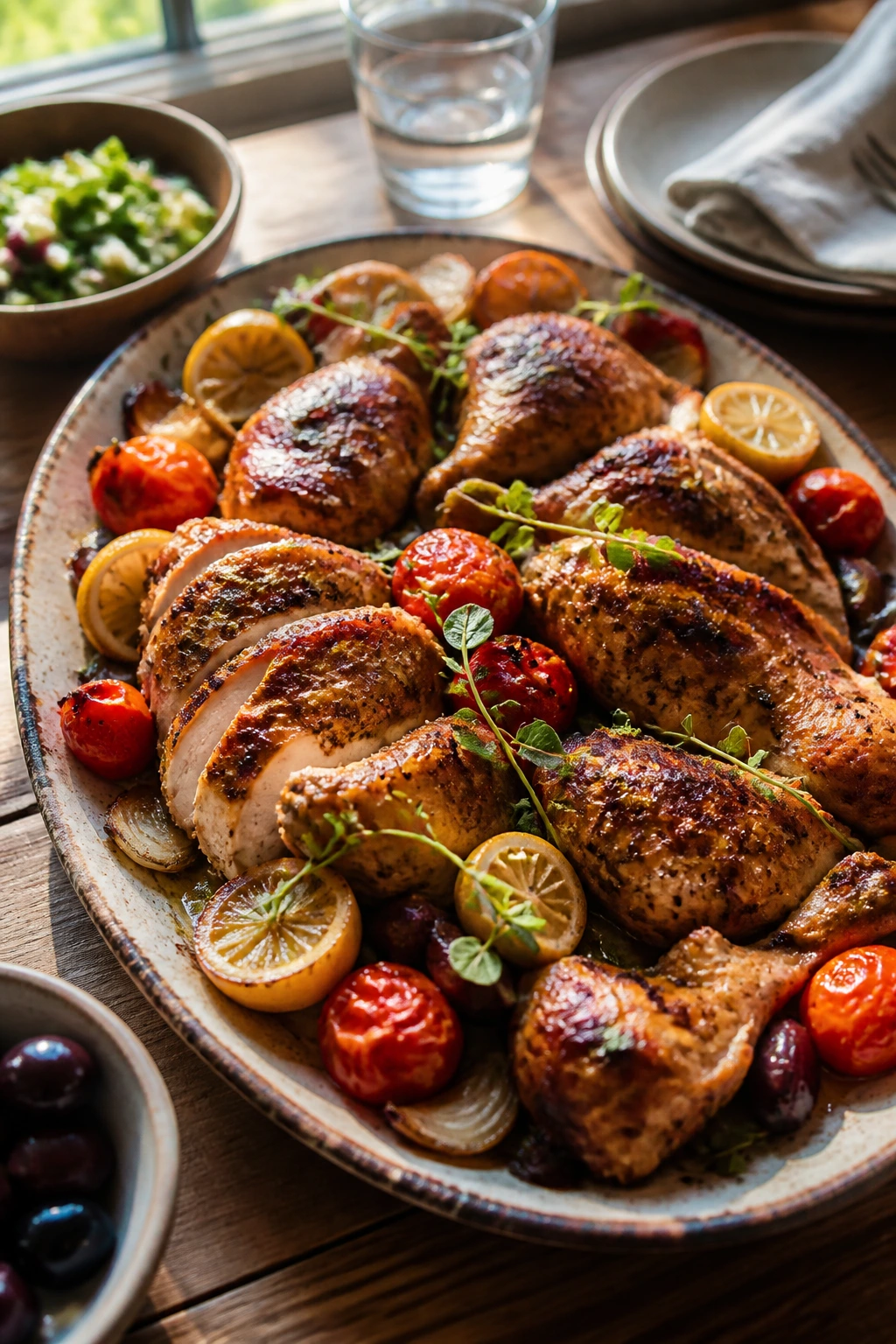 Large platter of roasted chicken with vegetables on a wooden table.